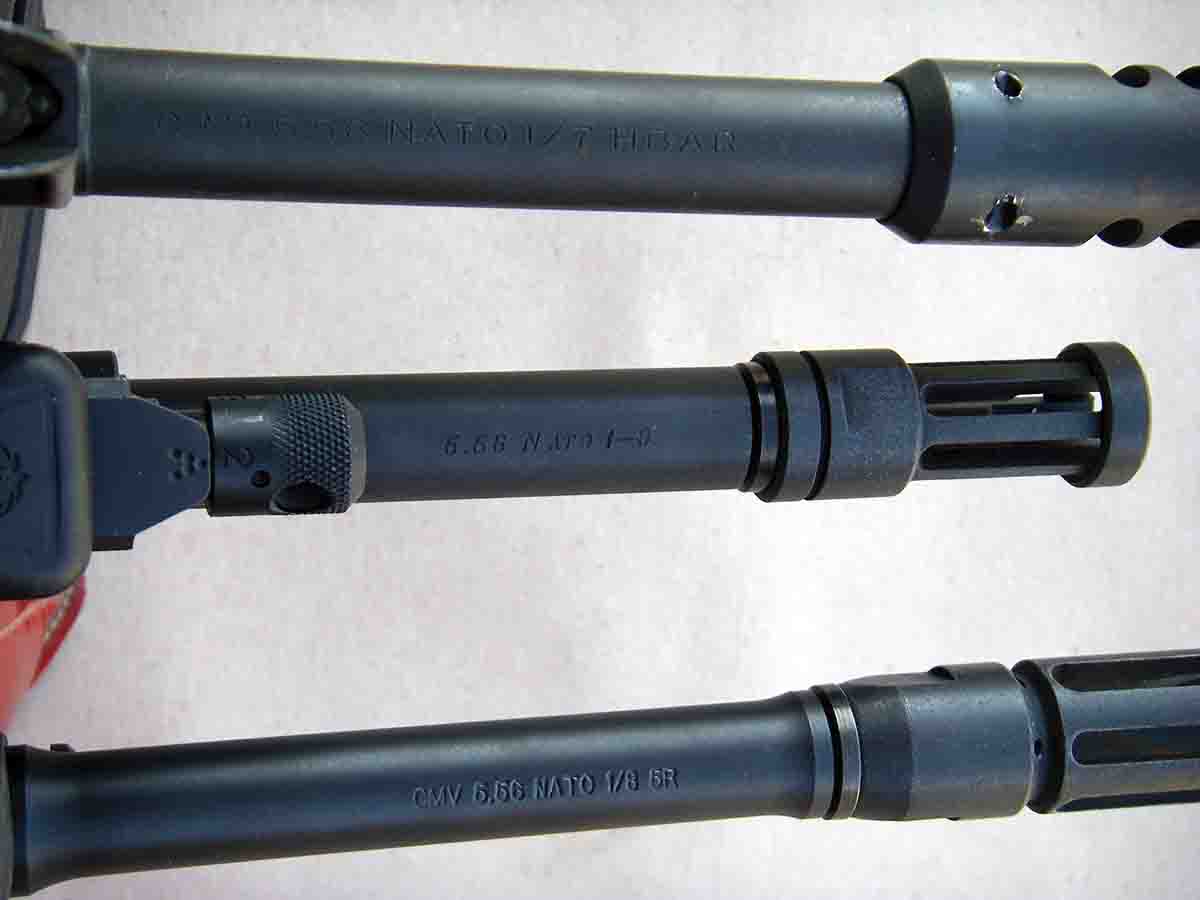 These three 5.56 NATO chambered rifles feature twist rates of 1 in 7, 1 in 9 and 1 in 8 inches, respectively.